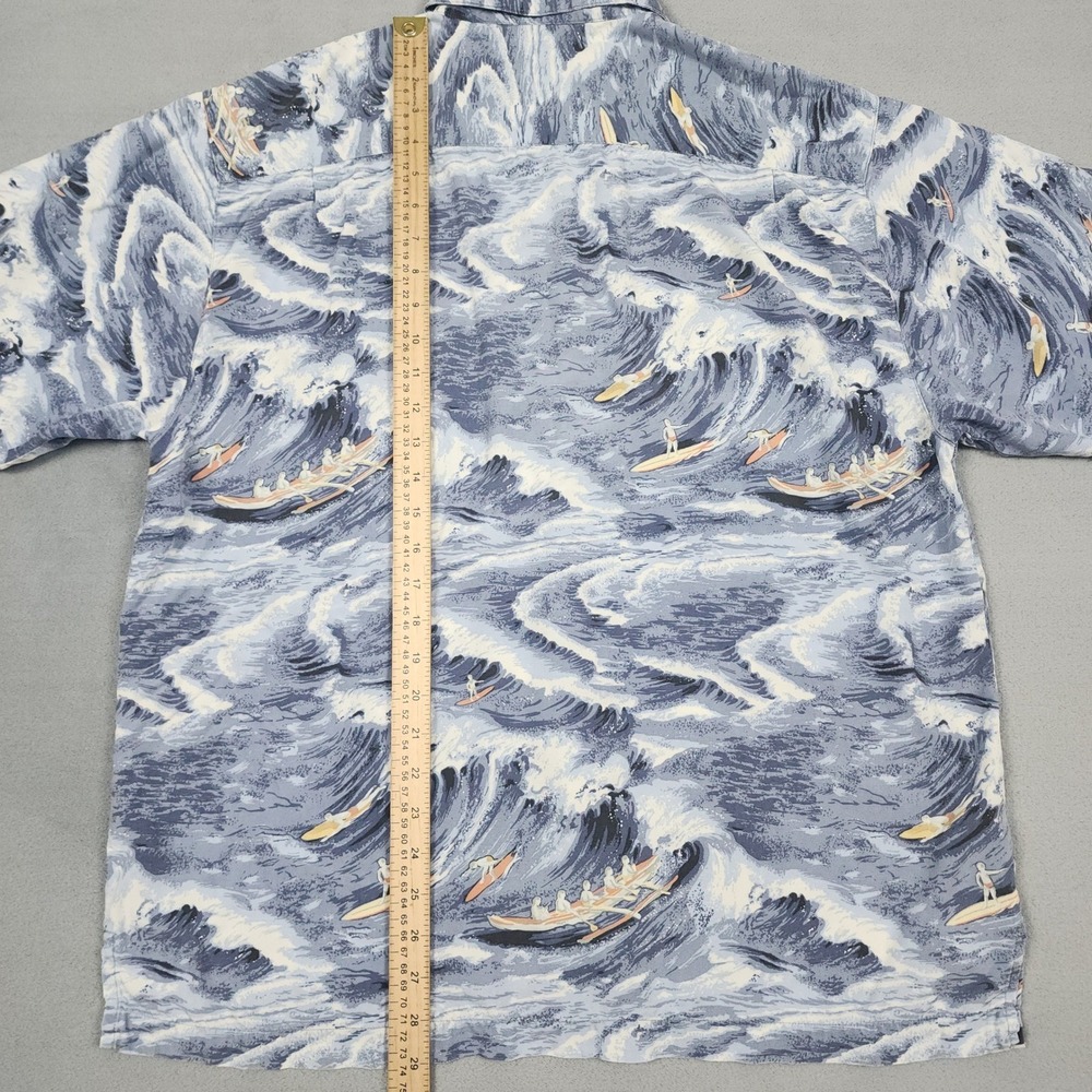 Vintage Tommy Bahama Shirt Mens M Blue Hawaiian Surfing Waves Canoe Rayon Aloha - Picture 8 of 13